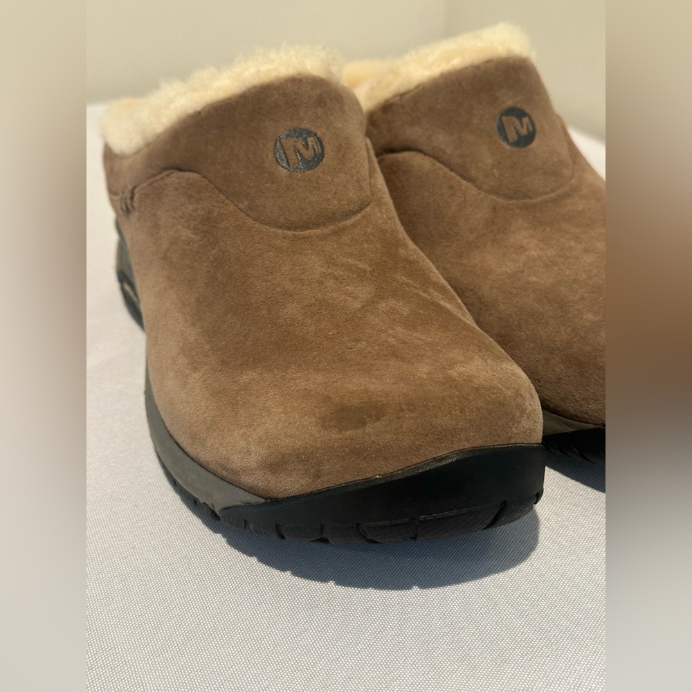 Merrell Encore Clog Mules Womens Size 8.5 Brown Suede Fur Lined Slip On Shoes - Picture 6 of 8